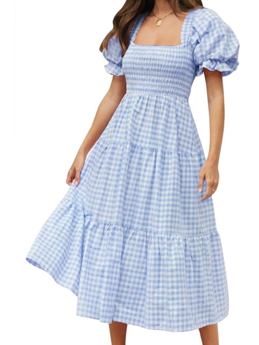 Blue Gingham Square Neck Tiered Midi Dress Size Small